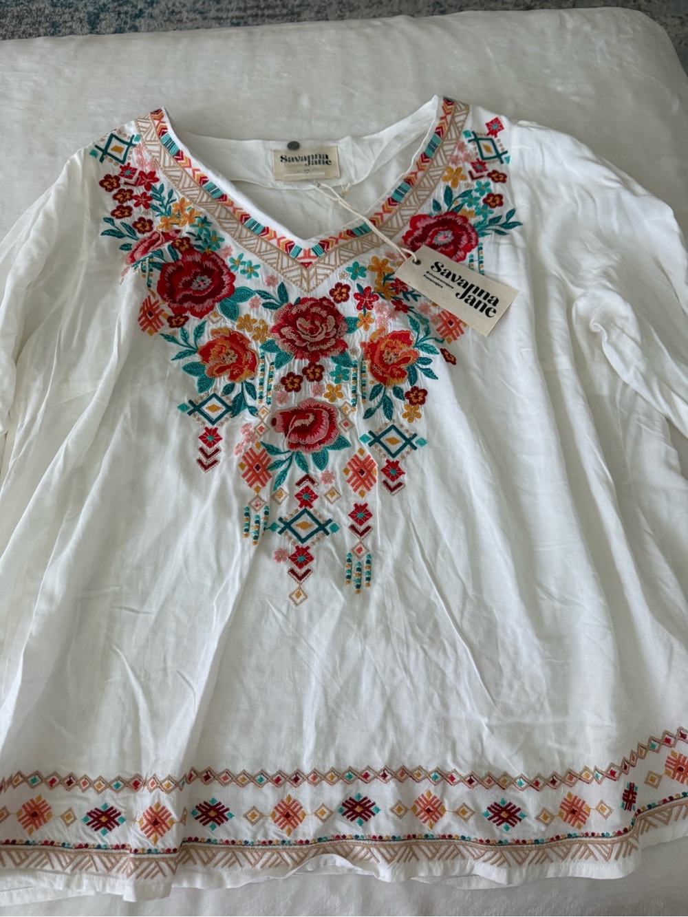 Savanna Jane white floral embroidered boho blouse Size 1X D86 NEW
